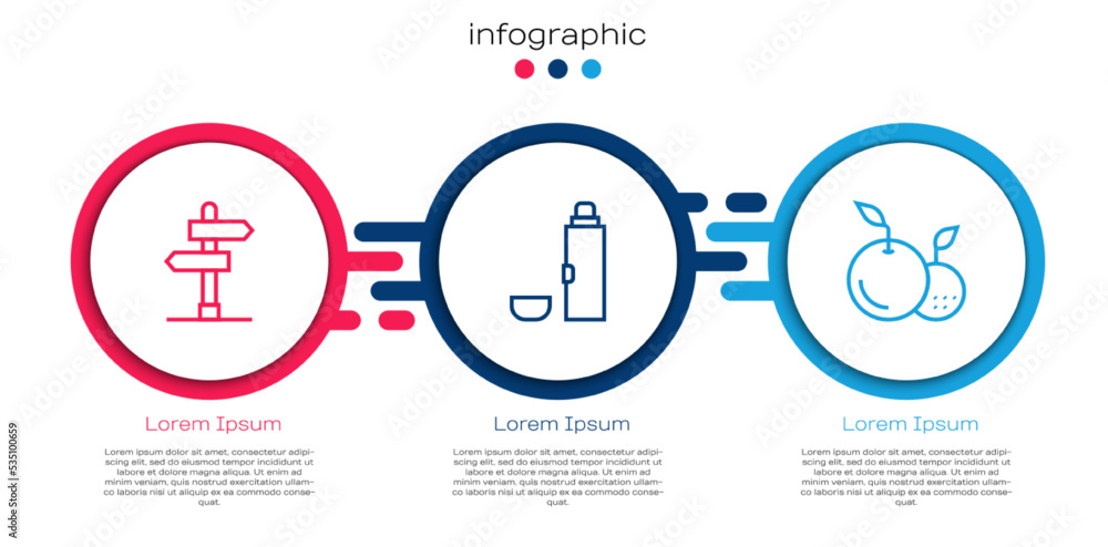 设置道路交通标志，保温瓶和水果。商业信息图模板。矢量