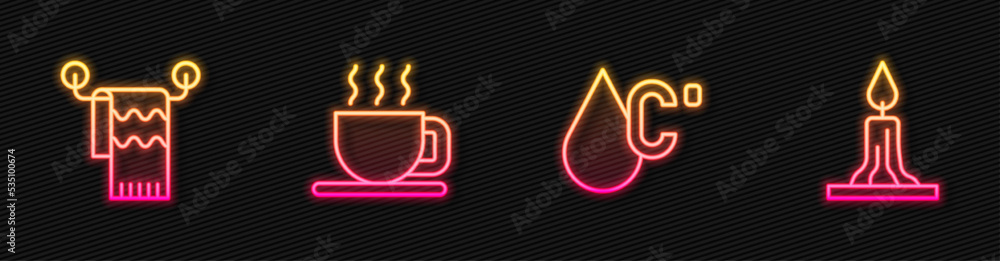 Set line Water temperature, Towel on hanger, Cup of tea and Burning candle. Glowing neon icon. Vecto