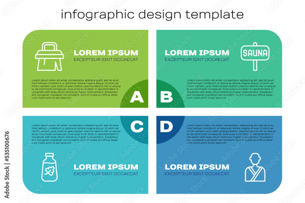 套装精油瓶、桑拿刷、桑拿房男士和。商业信息图模板。Ve