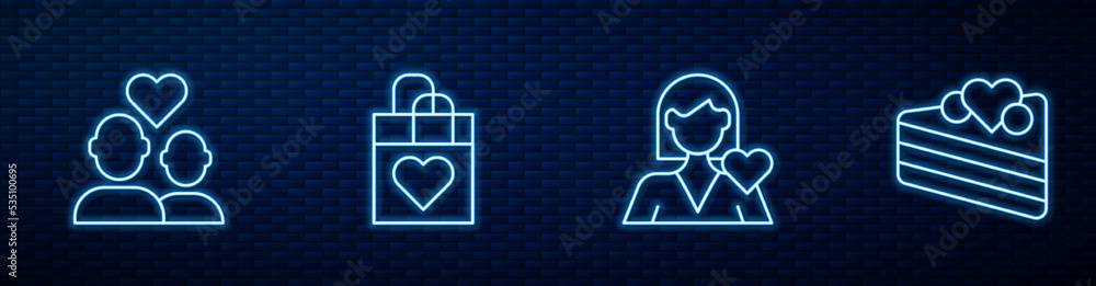 Set line Romantic girl, Lover couple, Shopping bag with heart and Wedding cake. Glowing neon icon on