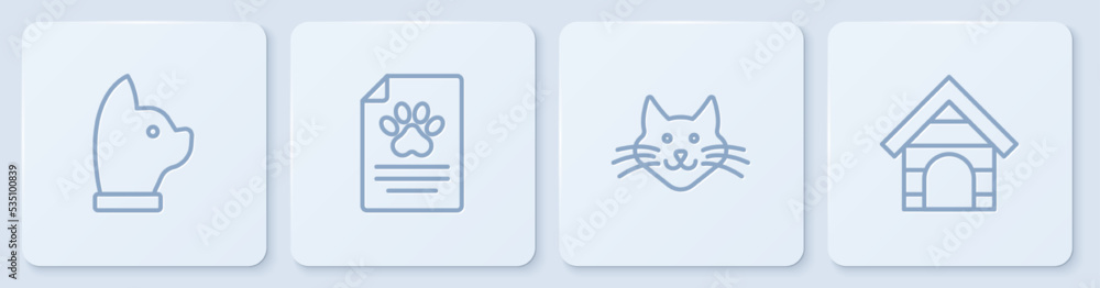 设置线猫，医疗临床记录宠物和狗舍。白色方形按钮。矢量