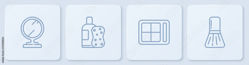 设置线条圆形化妆镜、眼影调色板、一瓶洗发水、海绵和化妆刷。Whi