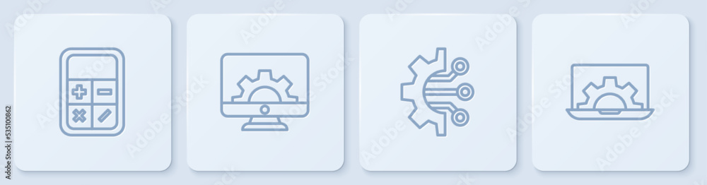 设置线计算器，算法，计算机显示器和设备以及笔记本电脑。白色方形按钮。矢量