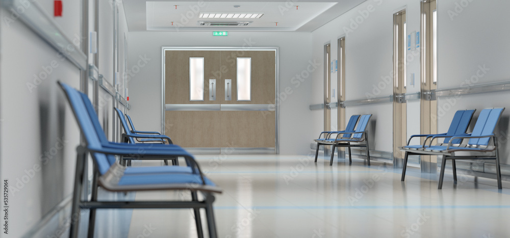 Long white hospital corridor with rooms and seats 3D rendering. Empty accident and emergency interio