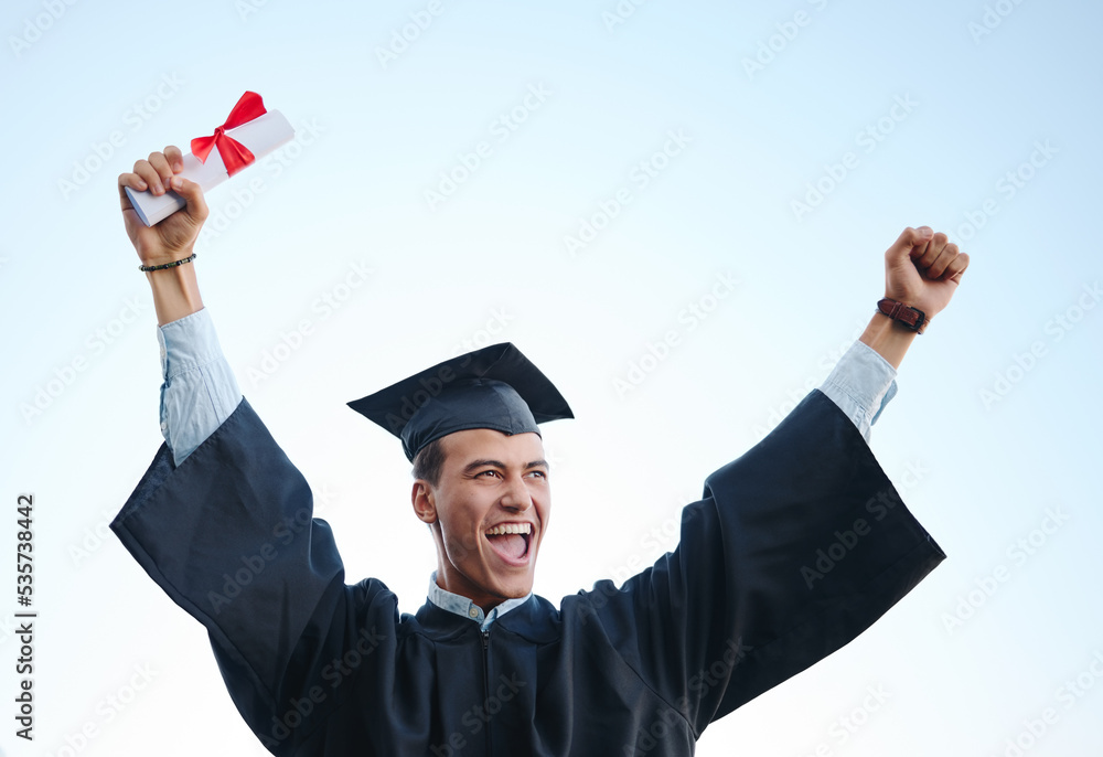 Education, success and student celebrating university graduation, cheeriing, joy and victory. Motiva