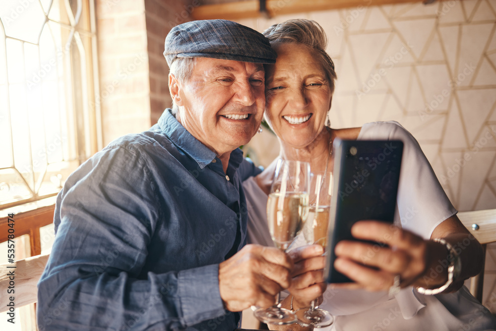 Senior couple taking selfie with phone, champagne and love for marriage anniversary, celebration or 