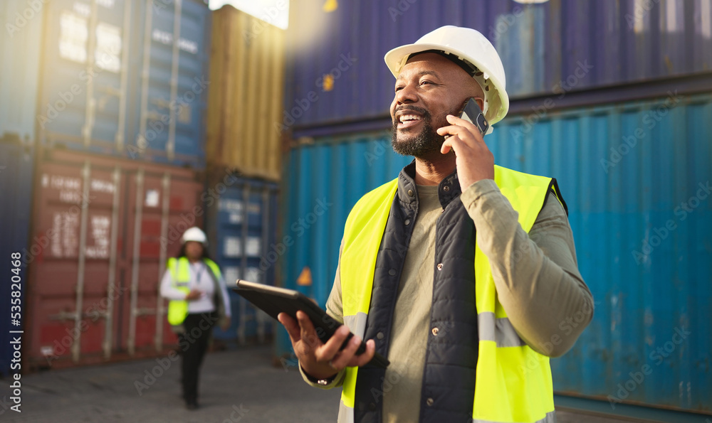 Logistics, shipping and construction worker on the phone with tablet in shipyard. Transportation eng