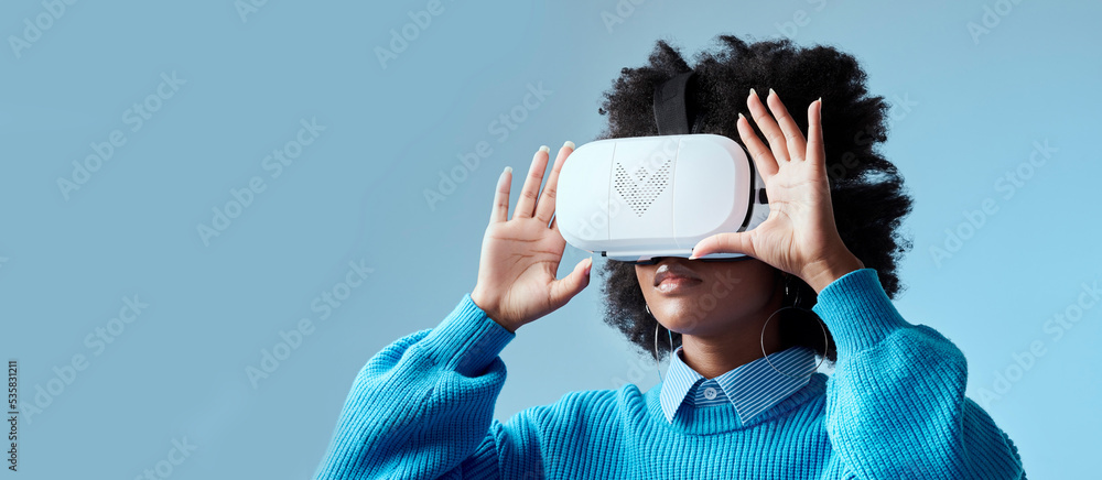 Girl, VR and mockup for gaming, web and technology with studio background space. Model, woman and gl