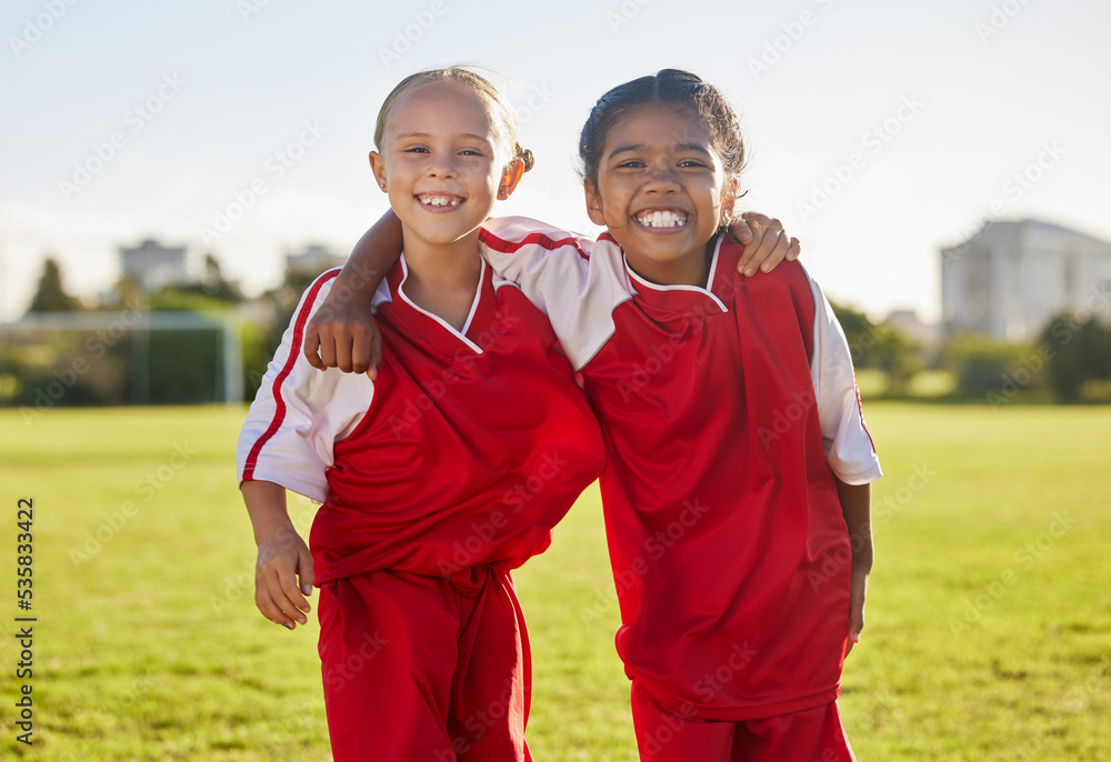 Portrait, girl friends and smile on football field training for match, game or competition. Soccer, 