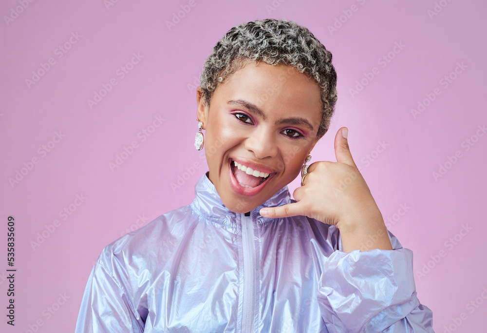 Hand, phone call sign and black woman with fashion brand, cool and style clothes on pink studio back