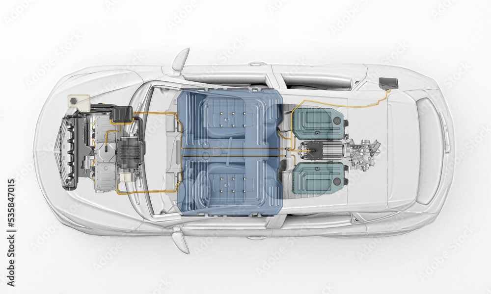 Electric car technical cutaway 3d rendering. Top view.