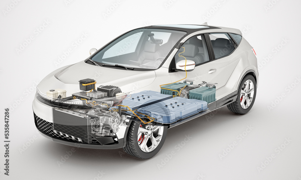 Electric car technical cutaway 3d rendering.