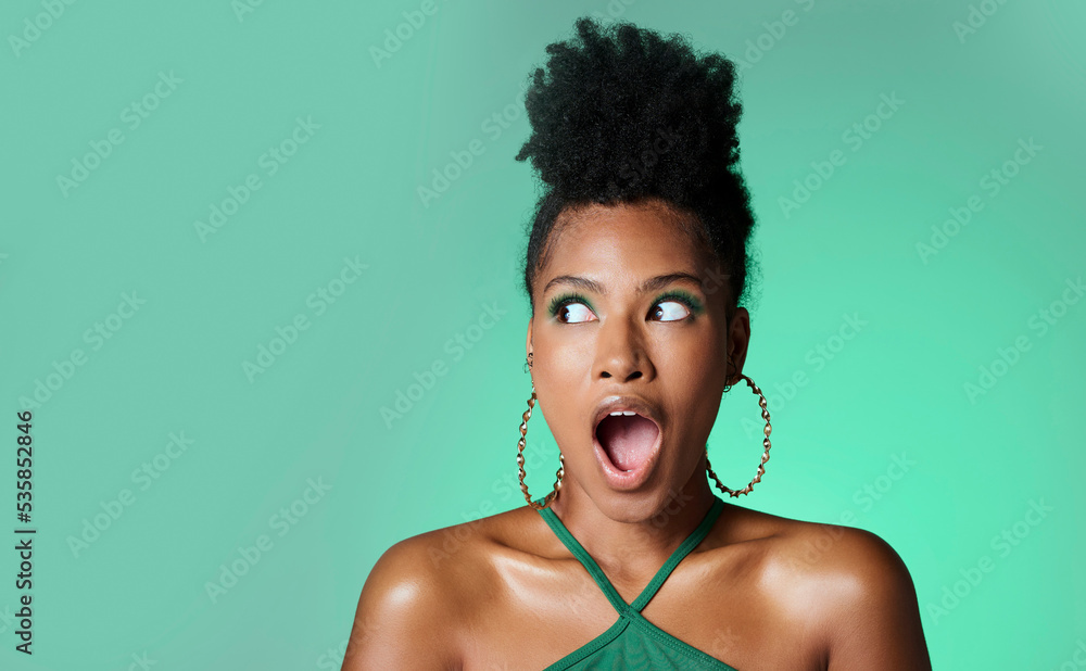 Surprise, trendy black woman and green studio background portrait with wow secret and style. Fashion