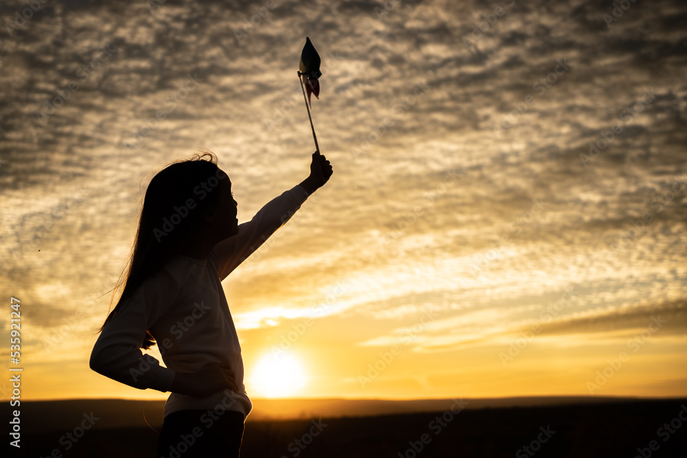 Little girl in a field playing with a colorful windmill toy