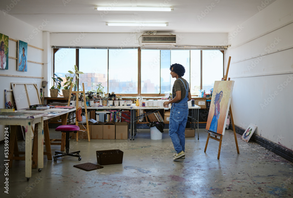 Canvas, woman artist and girl painter with painting for exhibition in studio, art gallery and workpl