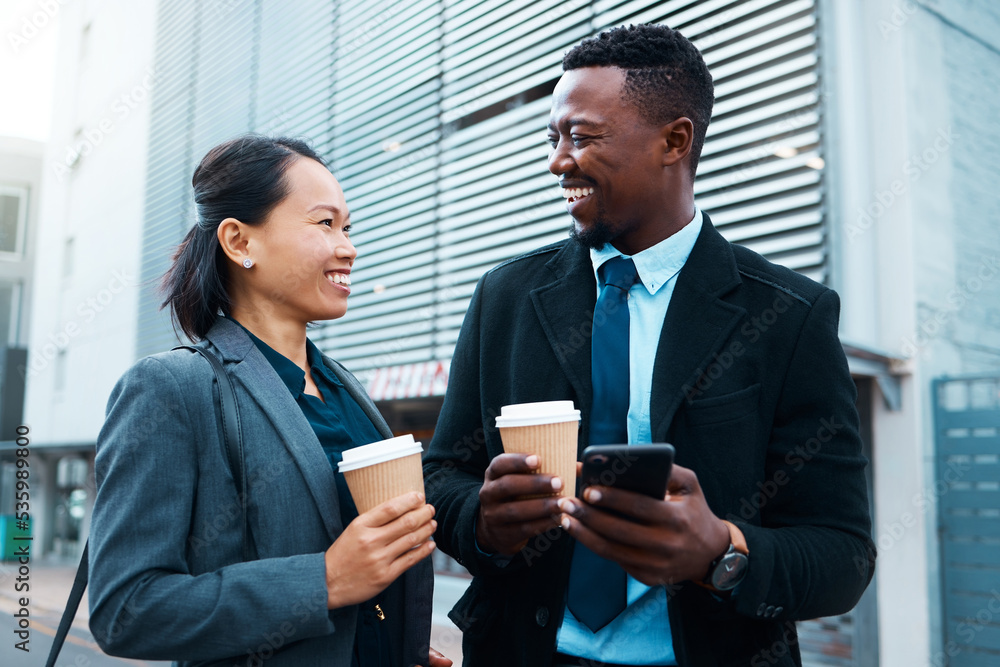 Business employees, get coffee outside together before work begins and colleagues start working. Fri