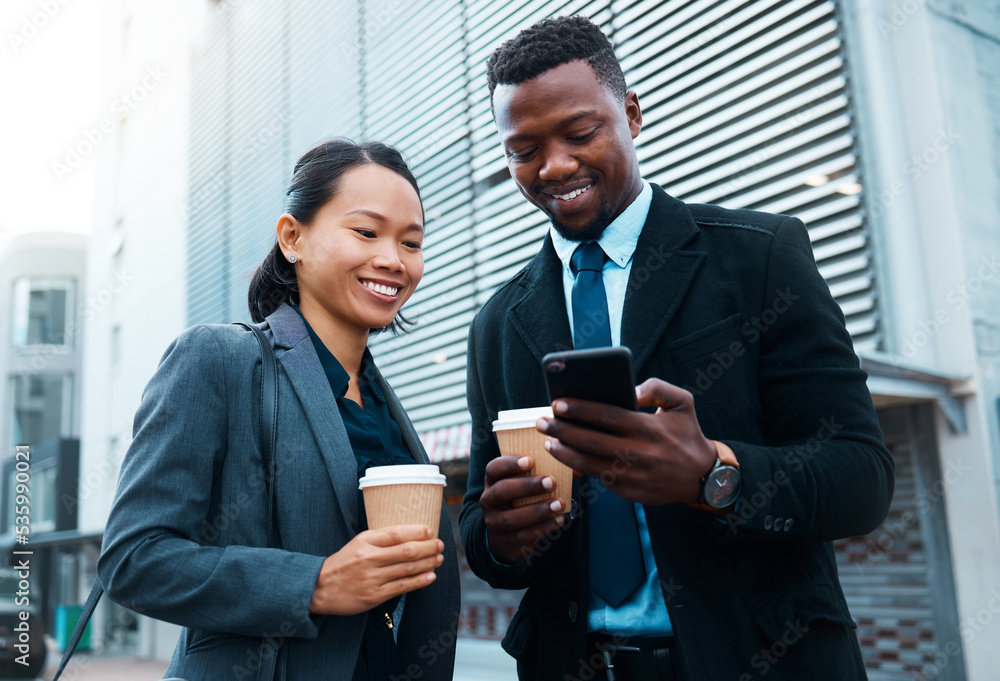 Coffee, phone and businessman and woman in the city, talking or social media while drinking espresso