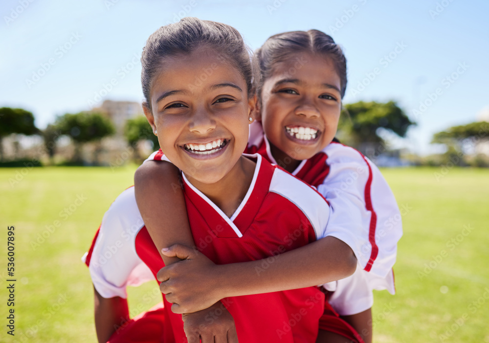 Girl, friends and portrait smile on football field having fun before training for match, game or com