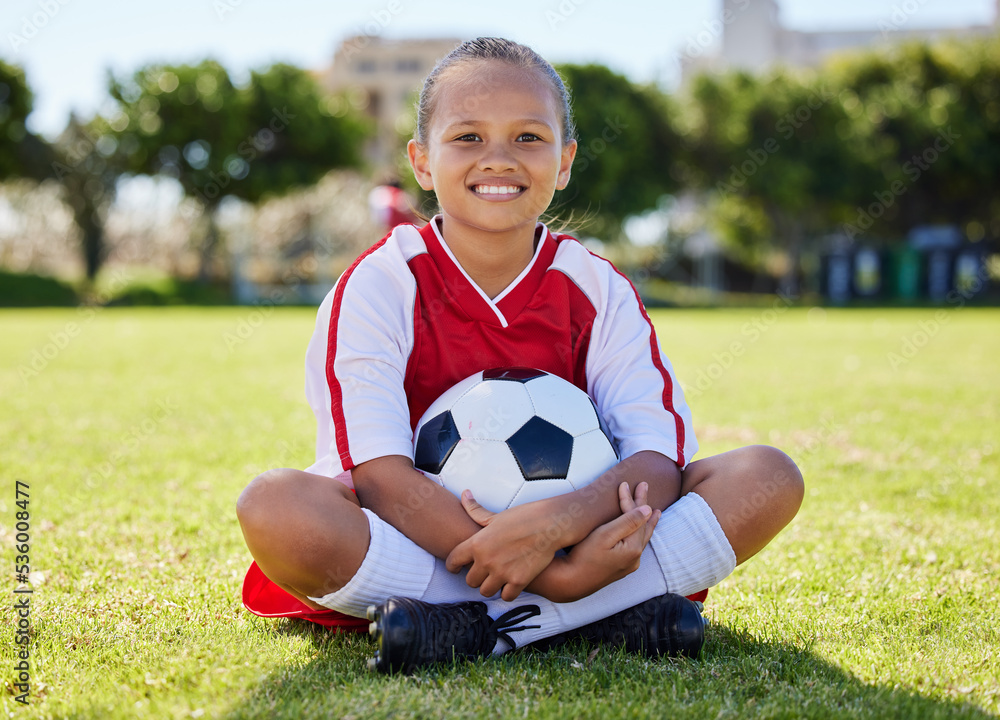 Sports, happy and girl. relax on soccer field after game, competition or fitness cardio exercise. Si