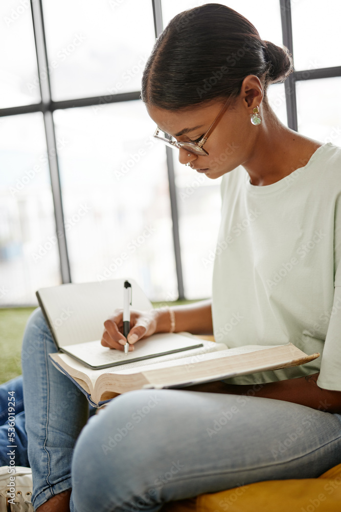 University student woman writing notebook, reading research and learning for education, knowledge an