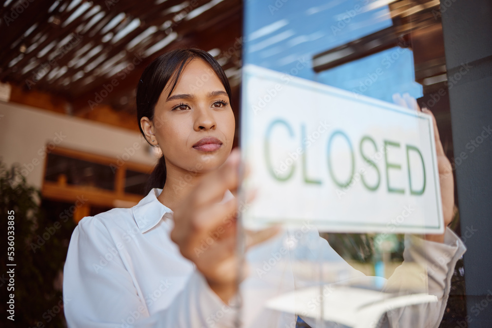 Restaurant small business, closed sign and waiter woman at local coffee shop startup finish service.