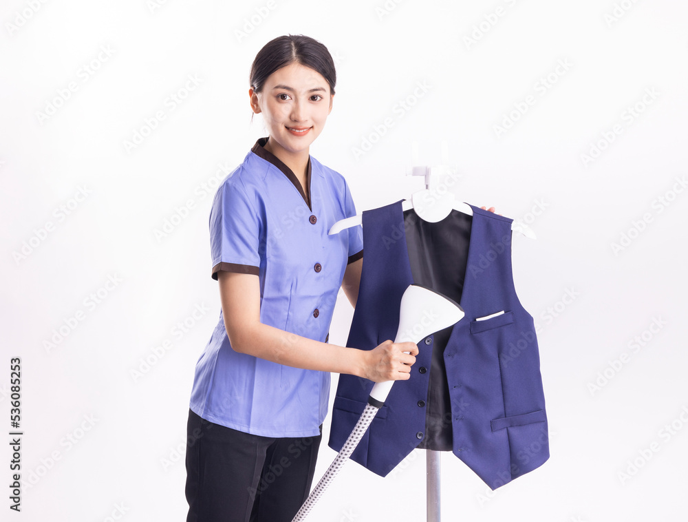 A domestic woman ironing on a white background