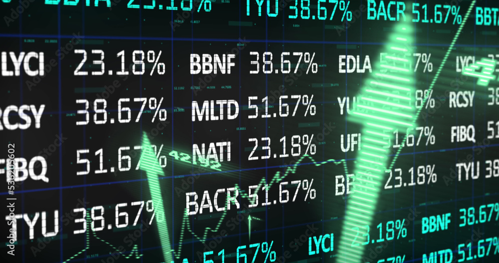 Image of stock market with graph and arrows on black background