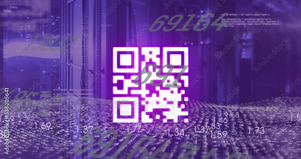 Image of data processing with qr code over server room