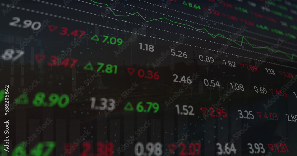 Image of scope scanning with computer icon over stock market on black background