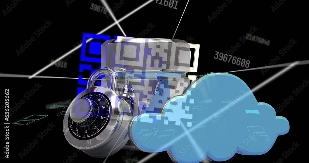 Image of data processing with qr code over padlock on black background