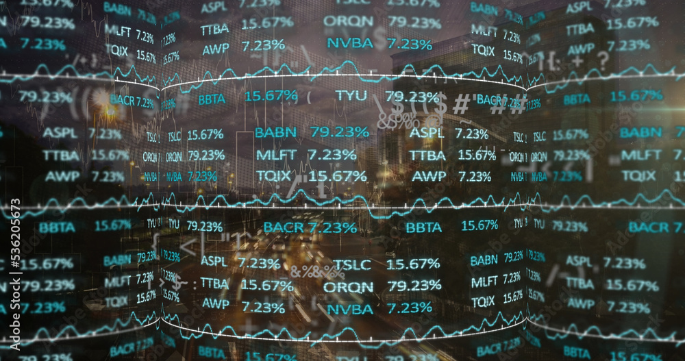 Image of data processing and stock market over cityscape