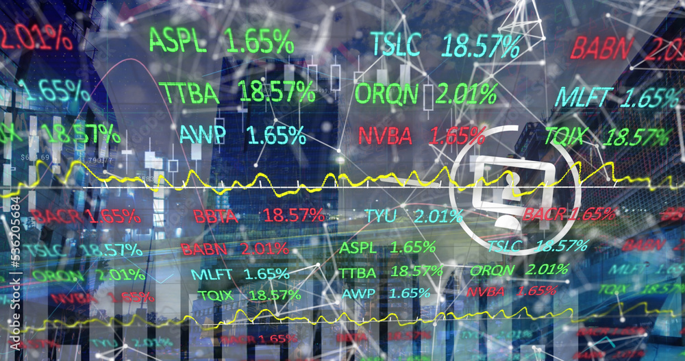 Image of network of connections with icons and stock market over cityscape