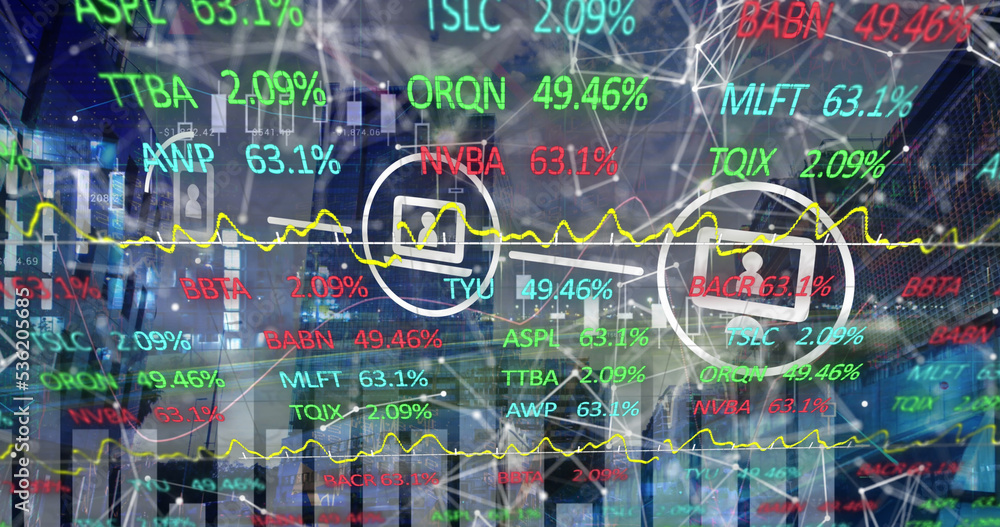 Image of network of connections with icons and stock market over cityscape