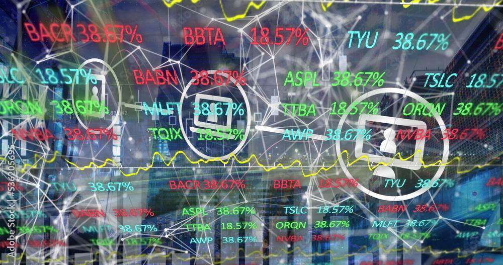 城市景观中与图标和股市的联系网络图像
