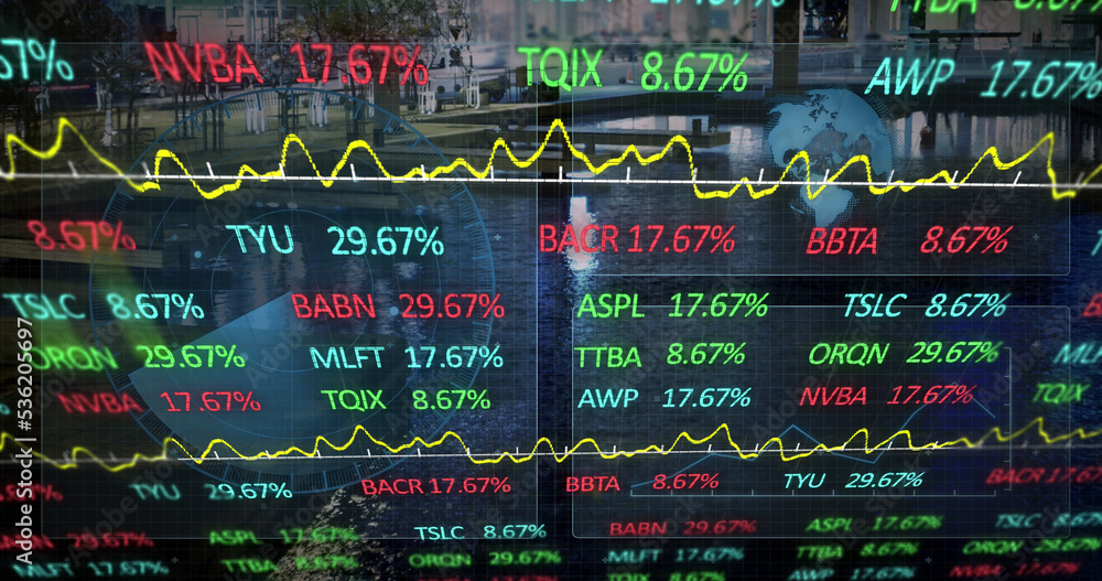 Image of scope scanning and stock market over cityscape