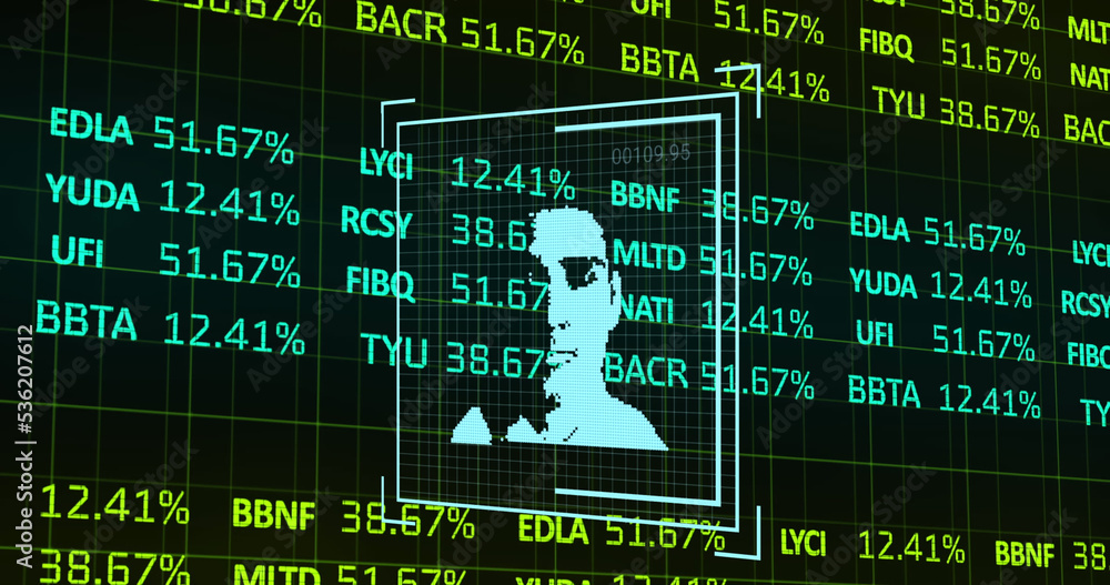 Image of stock market over people portraits icons on black background