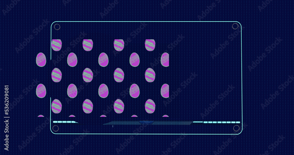 Image of easter eggs over data processing on black background