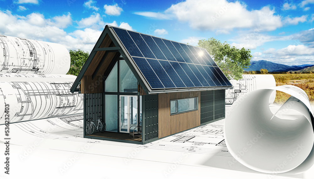 Bauplannung an einem energieeffizienten Wochenendhaus mit Solarmodulen und Landschaftshintergrund - 