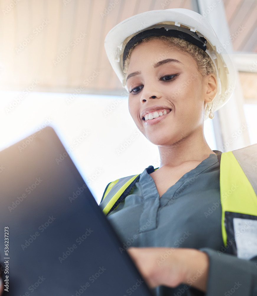 Construction, manager and black woman worker with a tablet logging data and information. Building bo