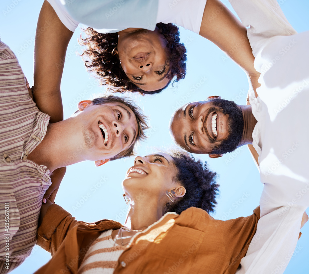 Friends, teamwork and happy with a man and woman group standing in solidarity outside in a huddle or