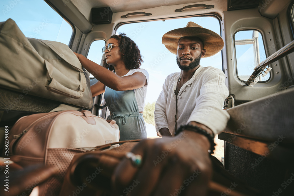 Travel luggage, black couple and car road trip together love bonding on nature safari holiday in Afr