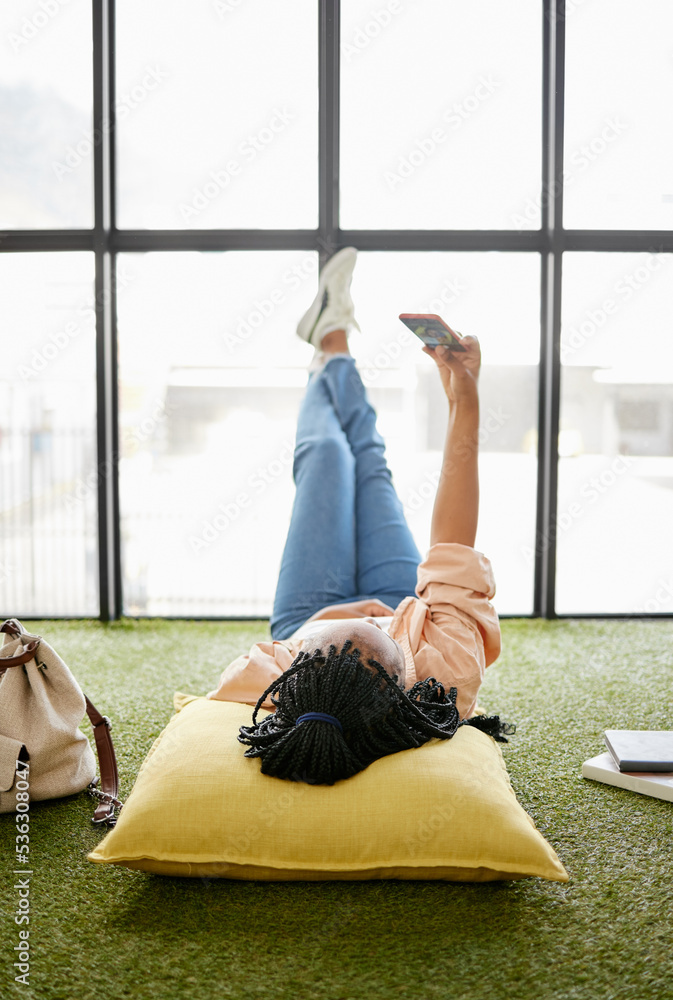 Phone selfie, black woman and student relax on study break after studying for university, college or