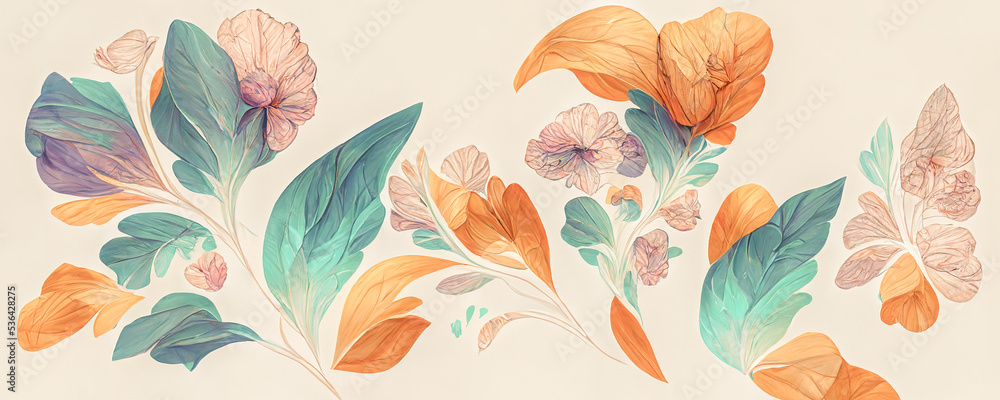 Spectacular pastel template of flower designs with leaves and petals. Natural blossom artwork featur