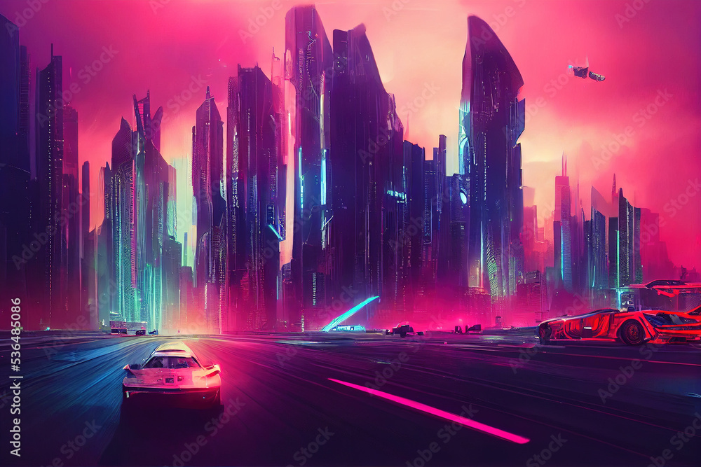 Futuristic car in cyber city with spectacular illuminated neon style 3D illustration