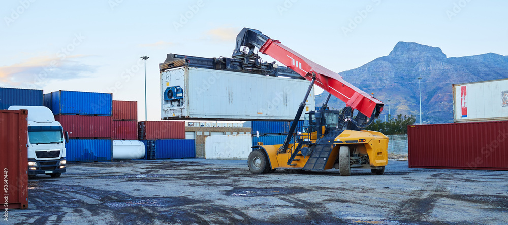 Forklift, shipping logistics and manufacturing container warehouse, cargo industry and industrial fa