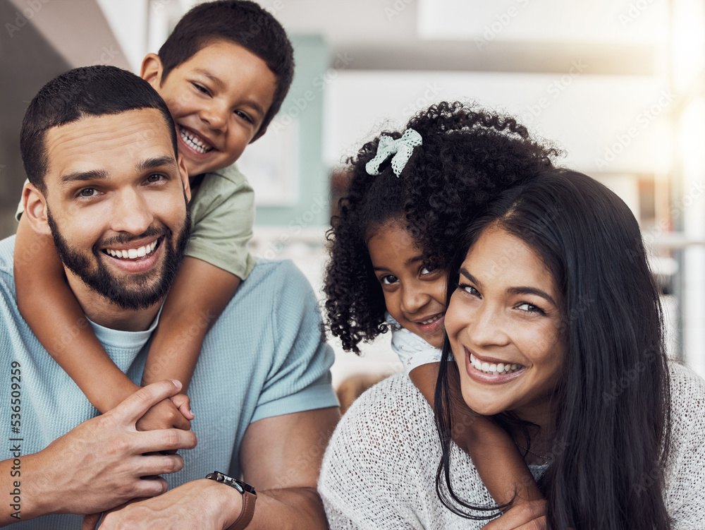 Parents, kids and happy family home portrait in living room, lounge and relaxing quality time, play 