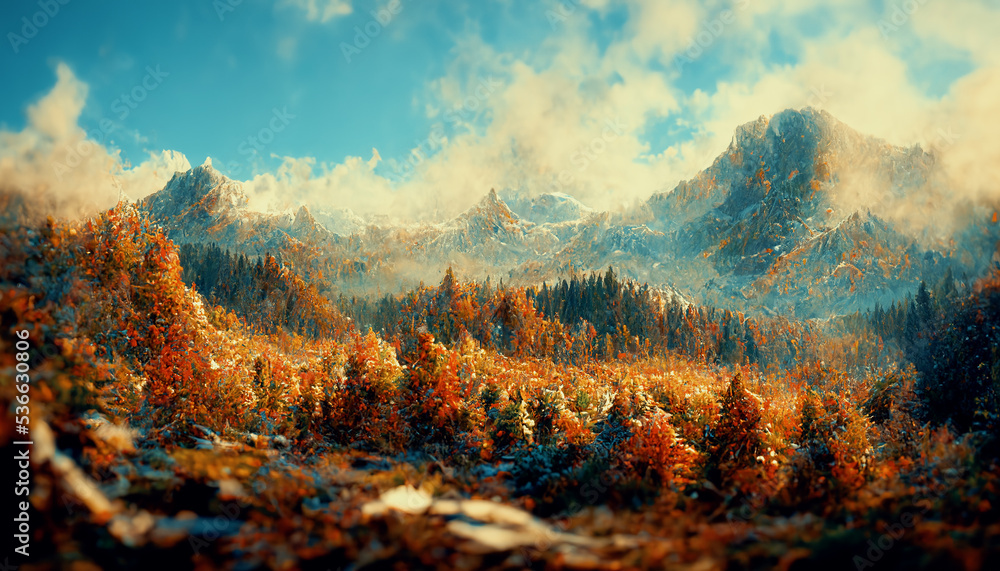 群山中壮观的秋季森林全景，远处有一座山峰