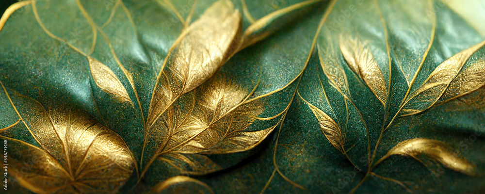 Spectacular realistic detailed veins and half green and gold abstract close-up, leaf covered with go