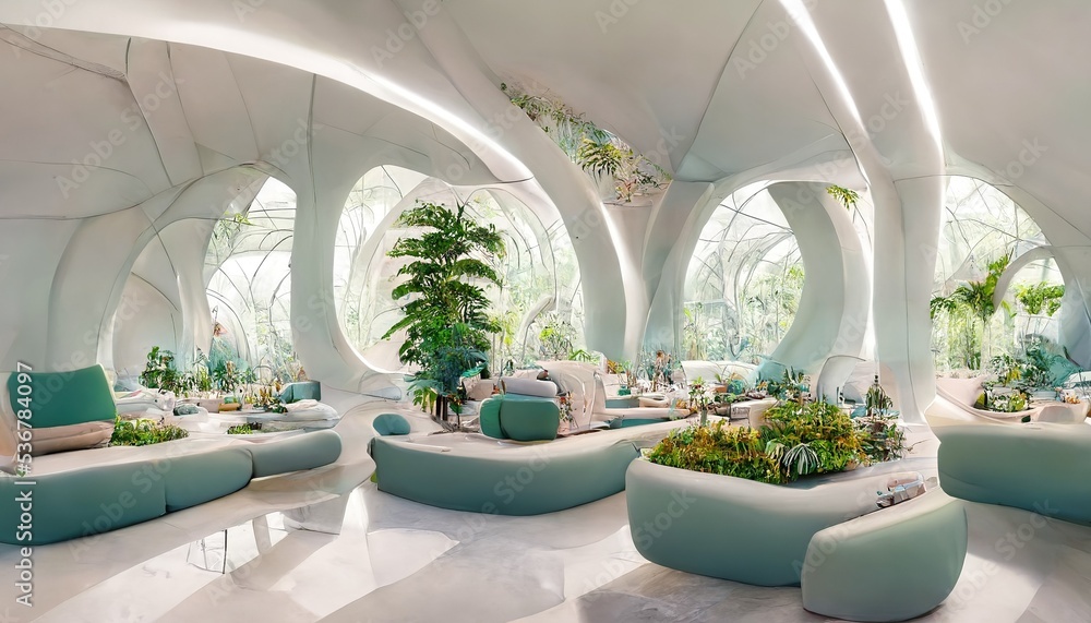 Futuristic indoor botanical garden spectacular design 3D illustration with summer floral and foliage