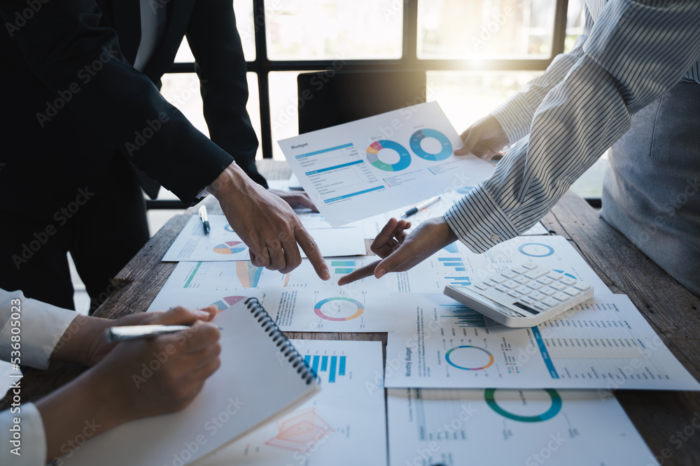 group of employees analyzing financial performance, focus at monthly budget, Charts of financial ins